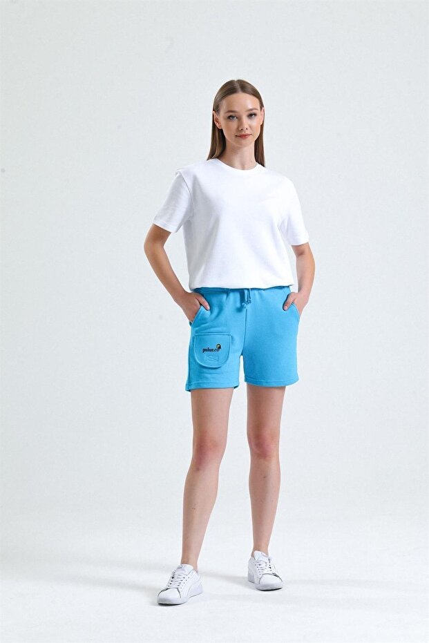 Turquoise Pocket Detailed High Waist Short Sweat Shorts