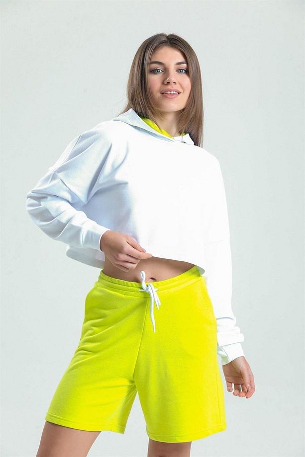 Limon Sarısı Yüksek Bel %100 Pamuk Basic Rahat Sweat Şort - 1