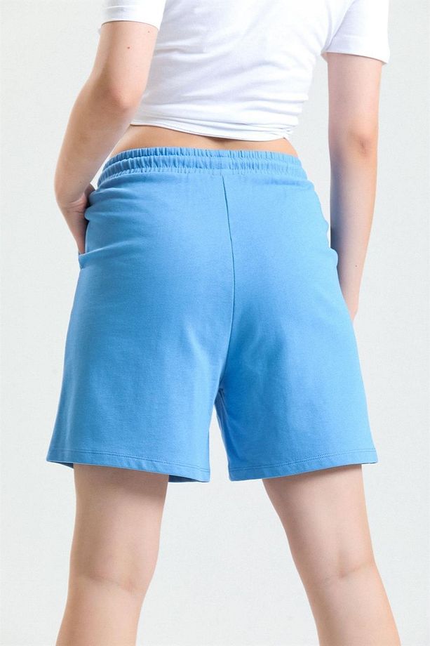 Mavi Yüksek Bel %100 Pamuk Basic Rahat Sweat Şort - 4