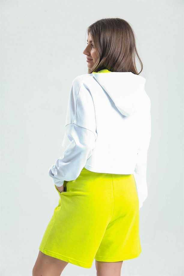 Limon Sarısı Yüksek Bel %100 Pamuk Basic Rahat Sweat Şort - 4