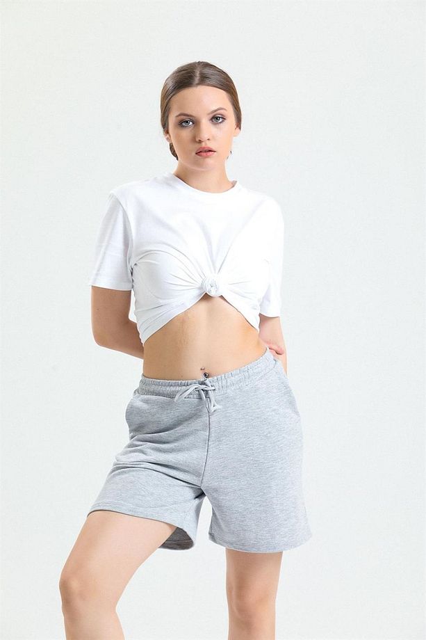 Gri Melanj Yüksek Bel Pamuklu Basic Rahat Sweat Şort - 2