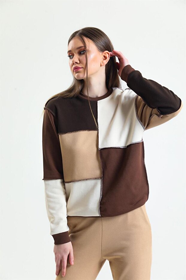 البلوز قطعة الأساسية البني المرقعة - 5