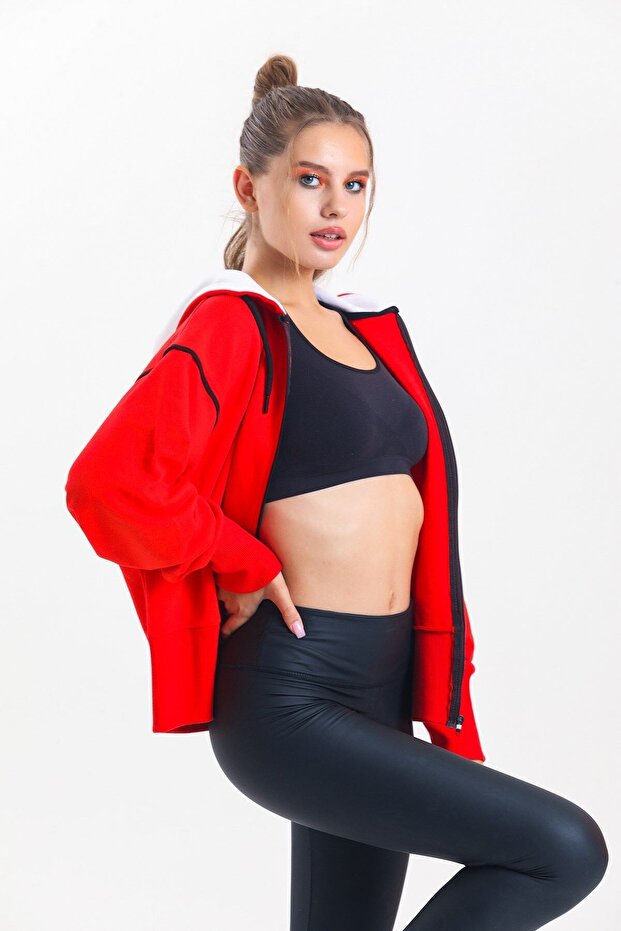 Red Hooded 100% Cotton Zippered Oversize Cardigan