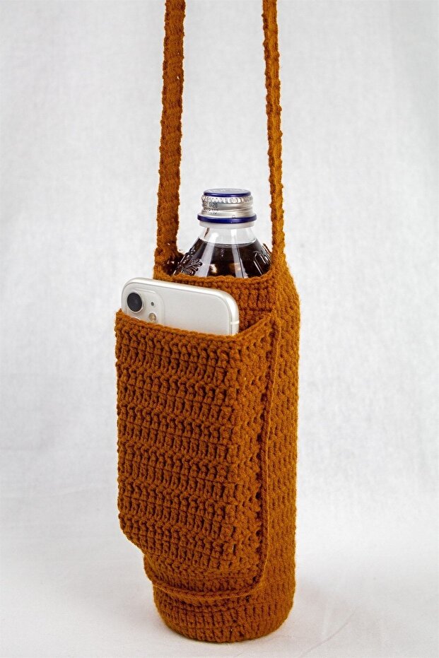 Cinnamon Color Knitted Crochet Water Bottle And Phone Bag
