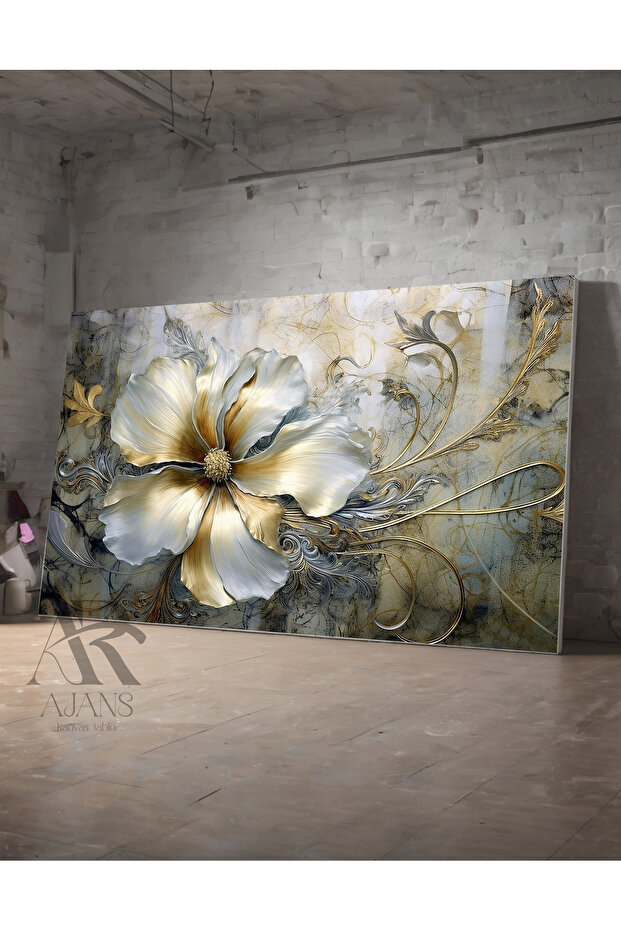 Gold Magnolia Decorative Canvas Picture with Marble Detail