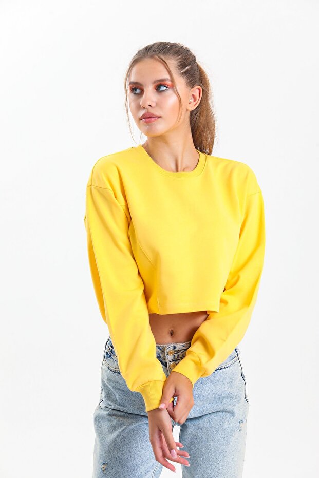 Sarı Oversize Crop Sweatshirt - 3