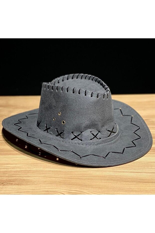 Cowboy Hat Dark Gray Color Lace-Up Nubuck Fedora Hat