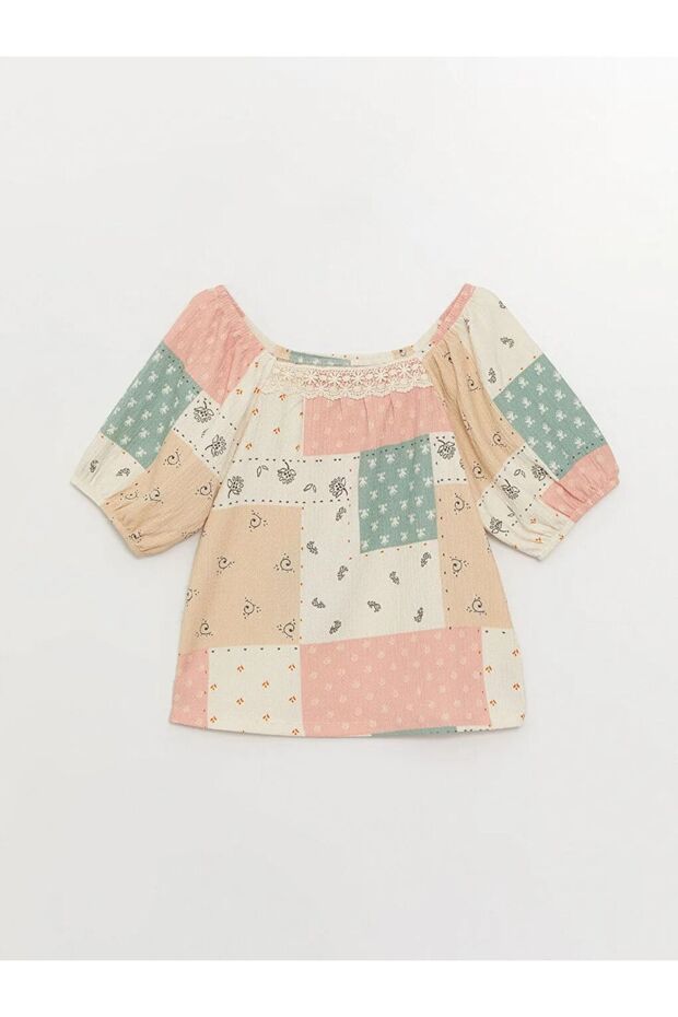 Lcw Kids Square Collar Patterned Short Sleeve Girls T-Shirt (S3)