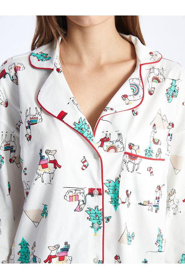 Gömlek Yaka Yılbaşı Temalı Uzun Kollu Kadın Pijama Takımı - 5