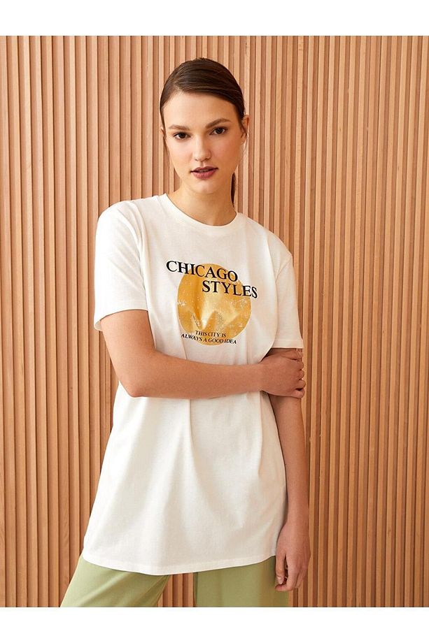 LCW Modest Bisiklet Yaka Baskılı Kısa Kollu Oversize Kadın Tunik - 2