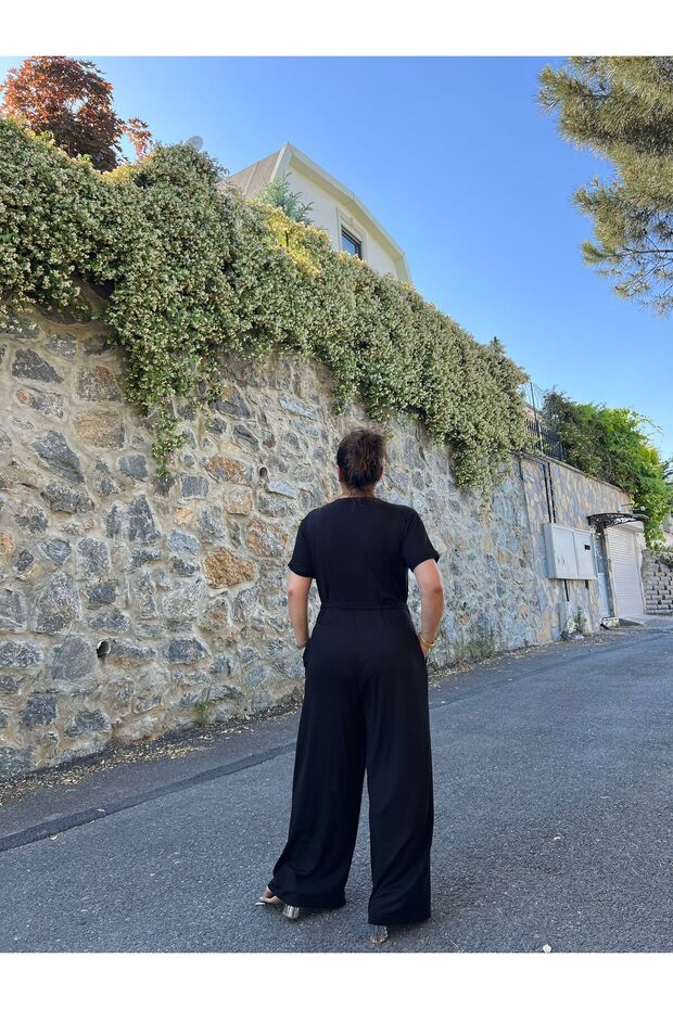 Siyah Kruvaze Yaka Viskon Örme Tulum - 5