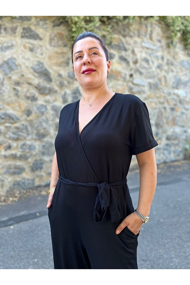 Siyah Kruvaze Yaka Viskon Örme Tulum - 4