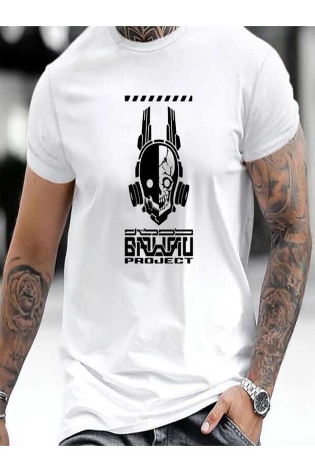 White Printed Oversize T-Shirt - Crew Neck, Short Sleeve