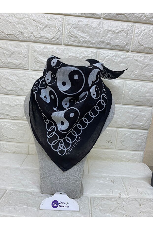 Black Unisex Yin Yang Patterned Scarf - Bandana - Cotton - Wristband