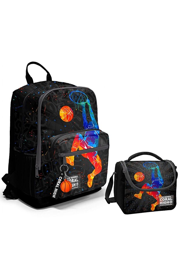 Four-Compartment Middle School Bag and Lunch Box Set - Gray Basketball - Boys