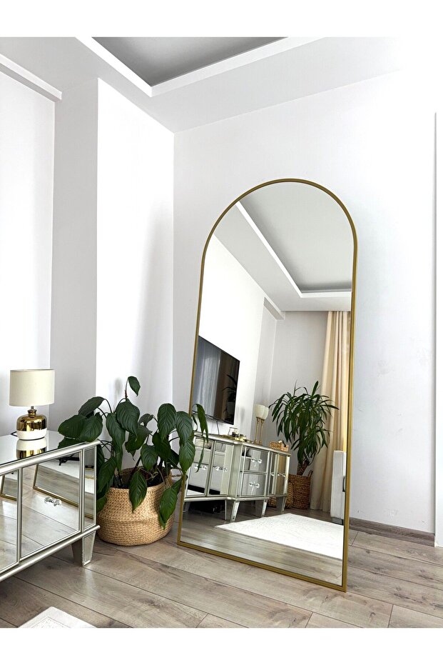 EFFE YAPI DEKOR Gold Metal Çerçeveli 180x80 Cm Demonte Ayaklı Oval Boy Aynası