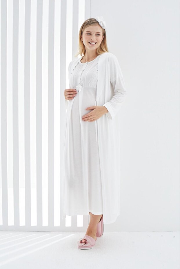 Maternity 2-Piece Pajama Set with Morning Gowns and Sleeve Guipure Detail