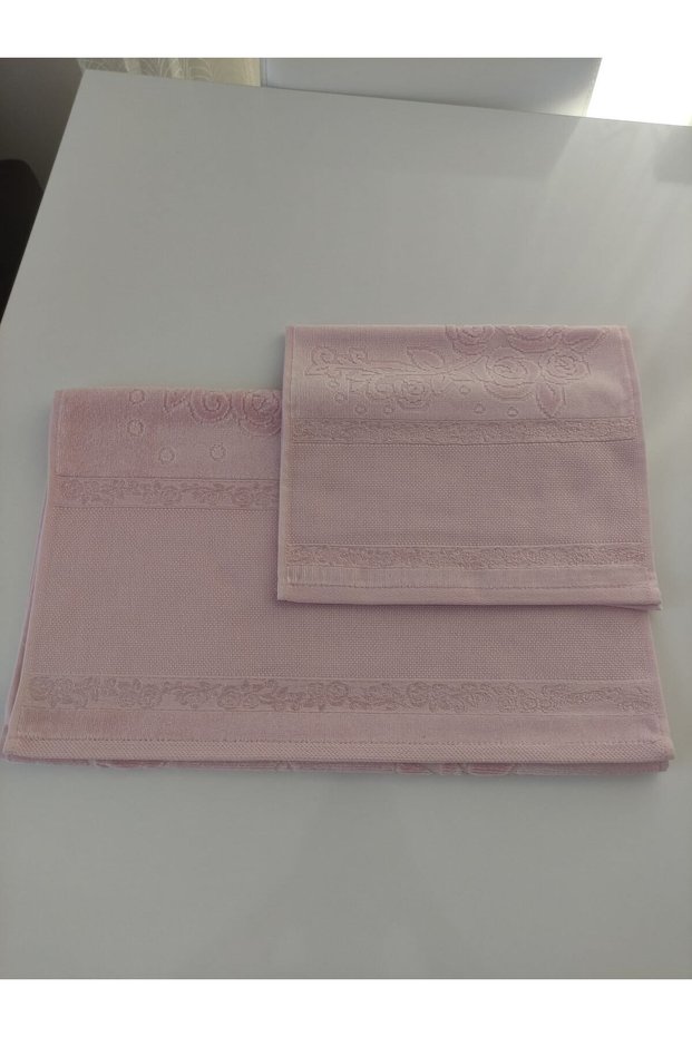 Velvet Towel Set (2 Pieces) Mother and Daughter (Hand Face and Kitchen Towel) Pink Color with Etamine Gap