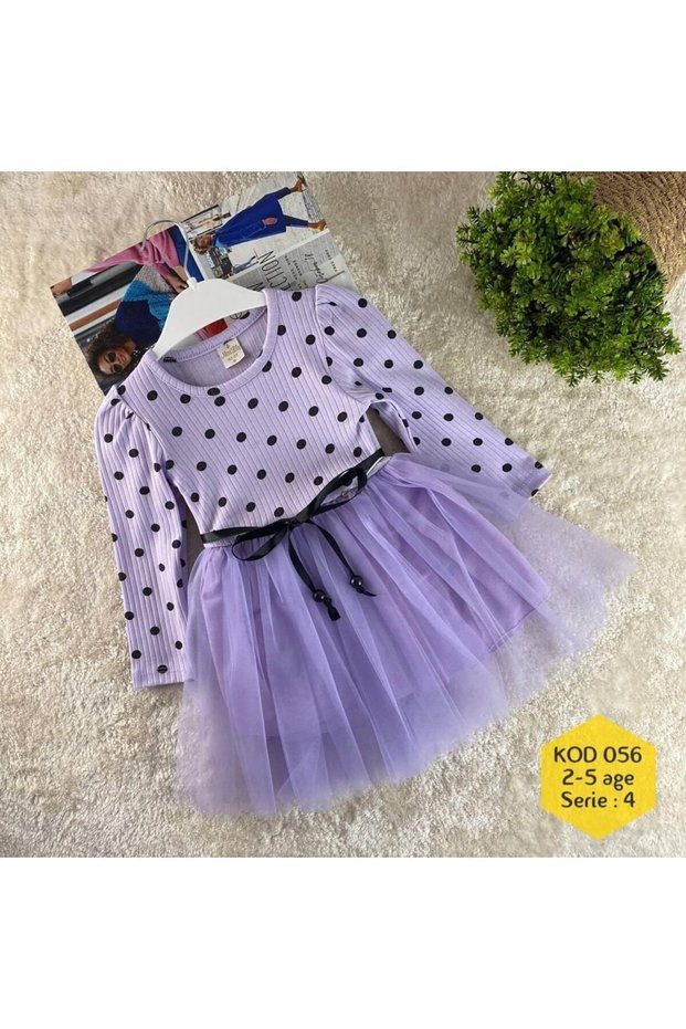 Purple Polka Dot Long Sleeve Girl's Evening Dress - Birthday and Special Day Gift, Casual Princess Dress