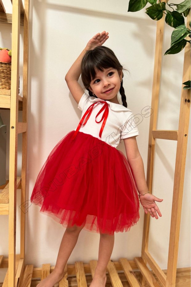 Red Ribbon Baby Collar Short Sleeve Baby Girl Dress - Heidi