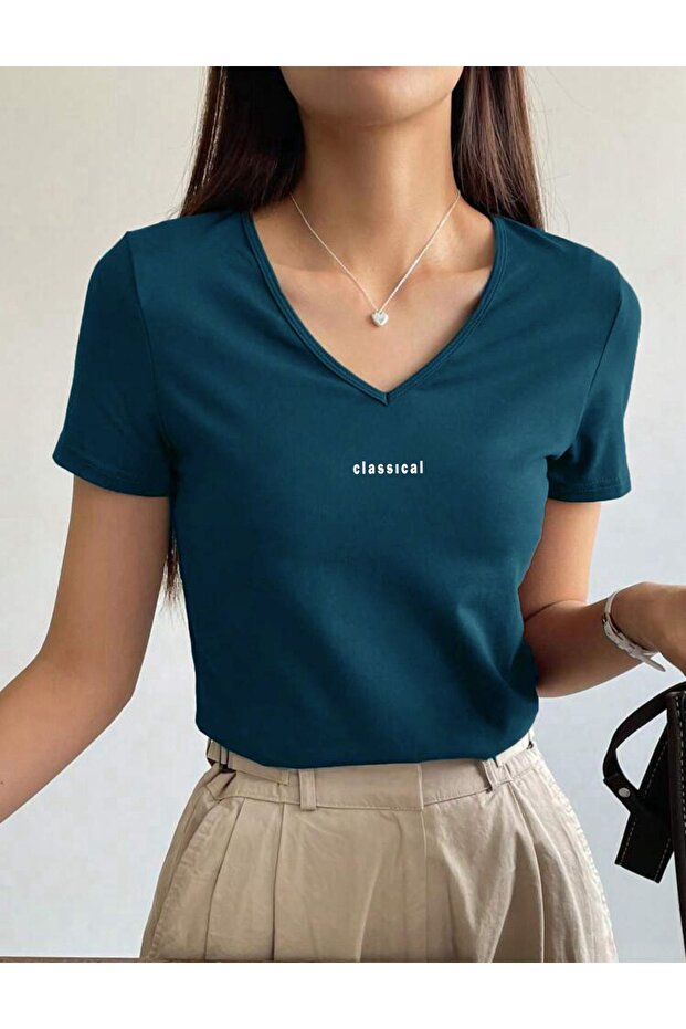 V Yaka Basic Pamuklu CLASSİCAL Baskılı Tshirt - 1