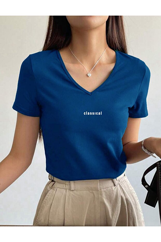 V Yaka Basic Pamuklu CLASSİCAL Baskılı Tshirt - 1