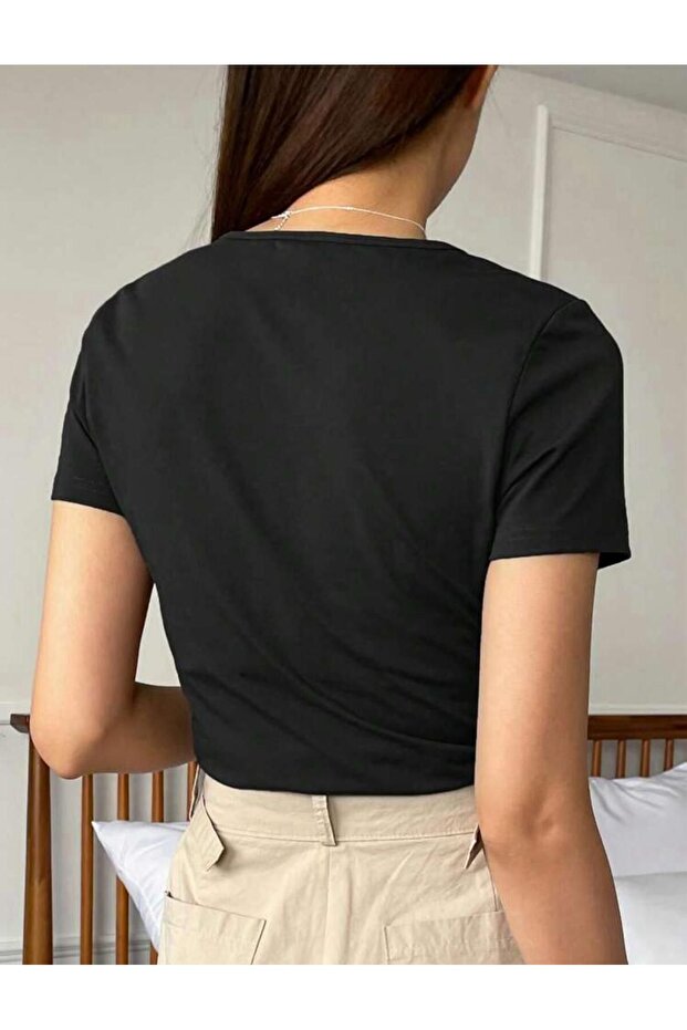 V Yaka Basic Pamuklu CLASSİCAL Baskılı Tshirt - 2