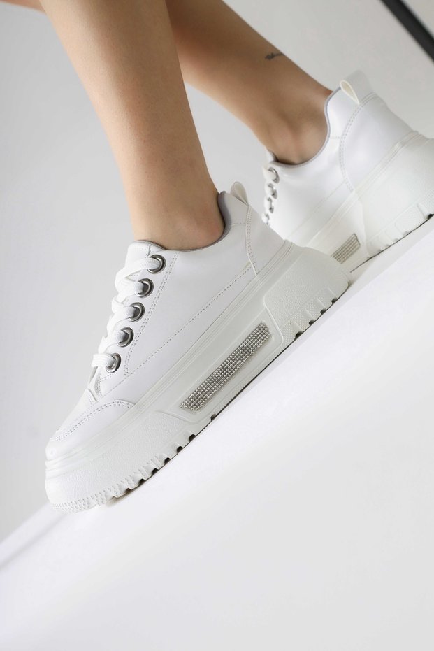Rosella White Thick Sole Stone Detailed Lace-Up Women's Sneakers, Women's Sports Shoes Opportunity Product
