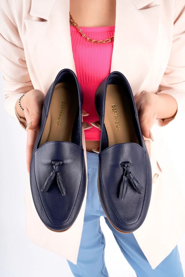 Genuine Leather Navy Blue Print Women's Casual Shoes Pcc-f04