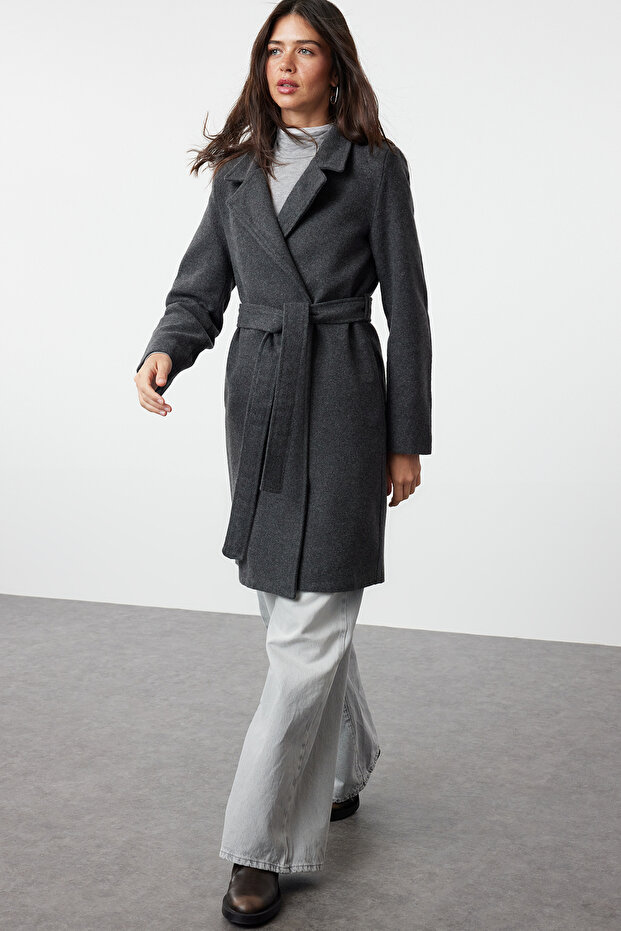 Hosszú gyapjú antracit bélyegző kabát - öves, TWOAW20KB0033 - 2