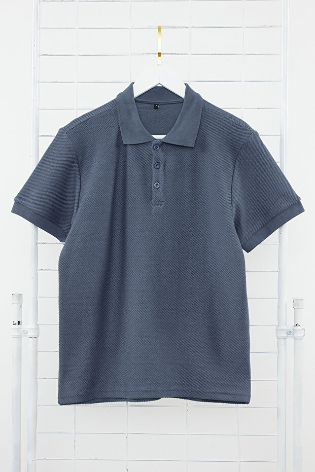 Indigo Regular/Normal Kesim Kısa Kol Dokulu Düğmeli Polo Yaka T-shirt TMNSS23PO00018 - 2