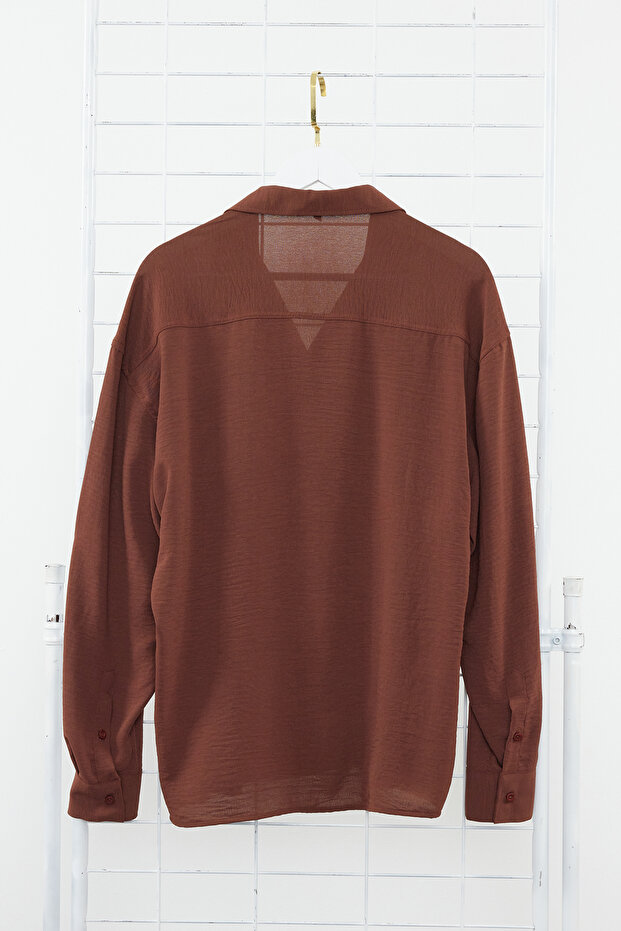 Kahverengi Oversize Fit Apaş Yaka Yazlık Keten Görünümlü Gömlek TMNSS23GO00053 - 9