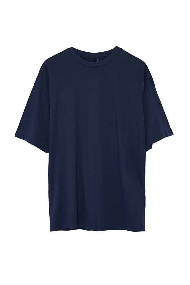 Lacivert %100 Pamuk Sırt Slogan Baskılı Oversize/Geniş Kalıp Örme T-Shirt TWOSS24TS00091 - 8