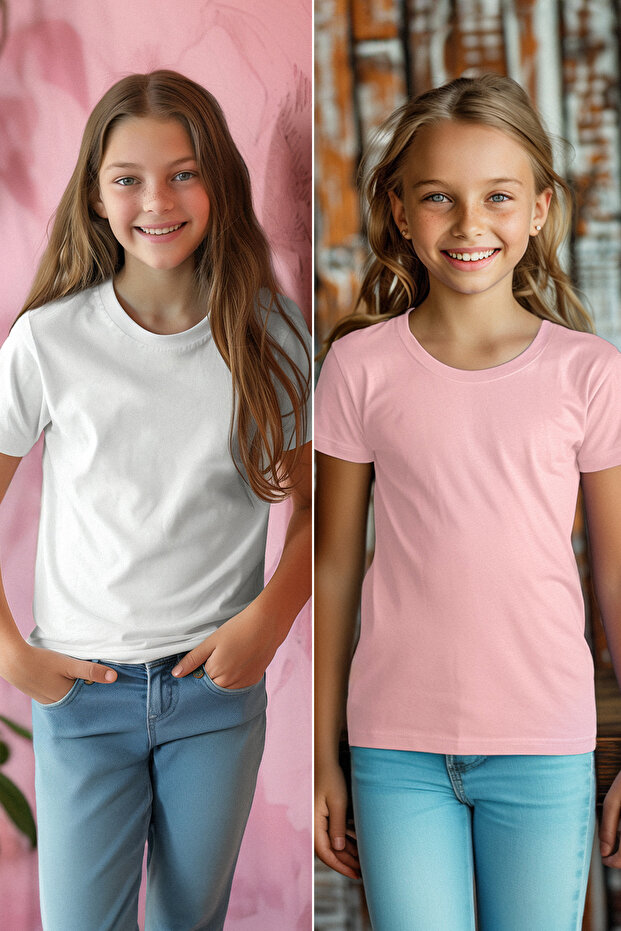 Beyaz-Pembe 2'li Kız Çocuk Pamuklu Basic Regular Kalıp Kısa Kol Örme T-Shirt TKDSS24TS00021 - 1
