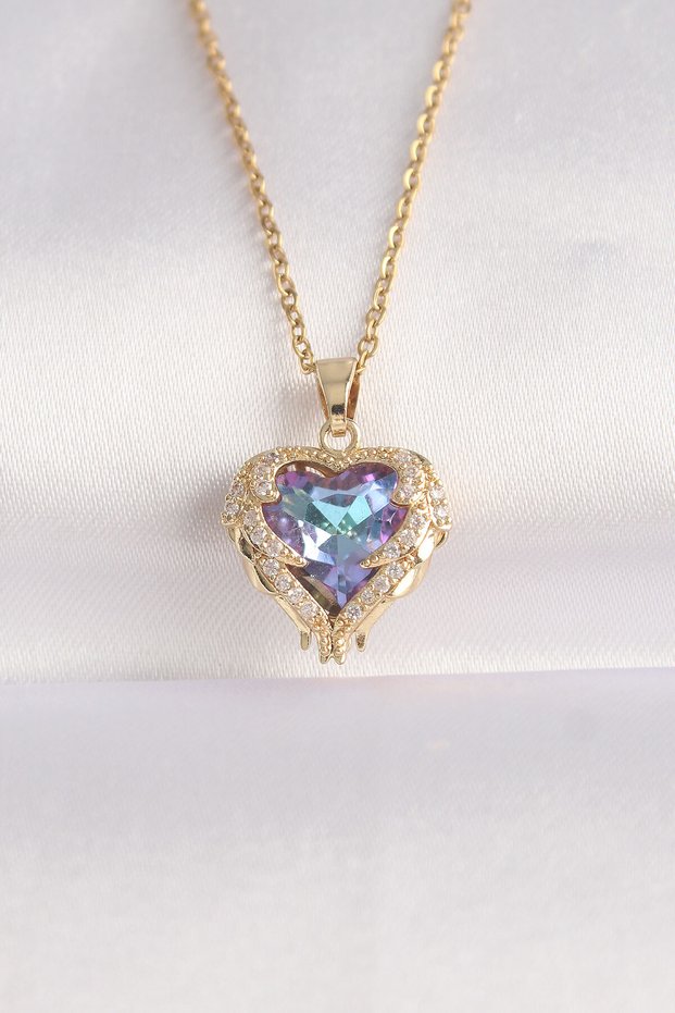 316L Steel Chain Gold Color Zircon Stone Blue Purple Colorful Heart Figure Necklace