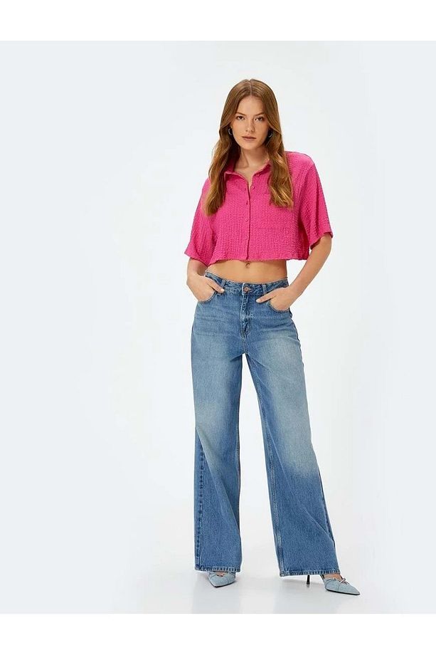 Crop Gömlek Dokulu Kısa Kollu Düğmeli 4SAK60003EK Pembe - 3