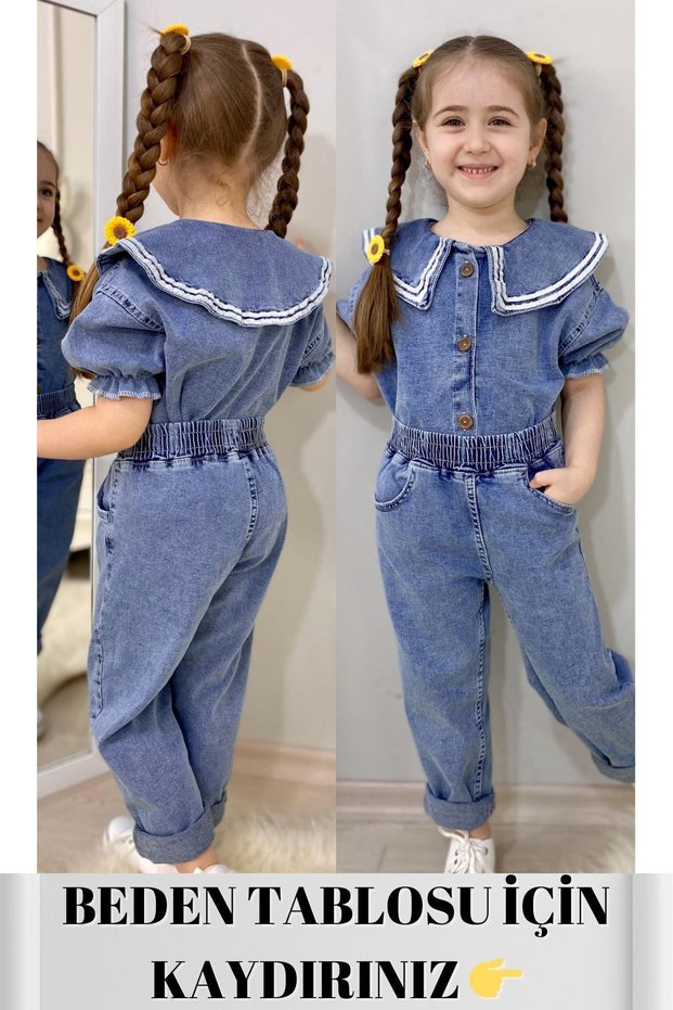 Embroidered Baby Collar Denim Shirt - Mom Jeans Pants - Top and Bottom Set for Girls (Wide Fit)