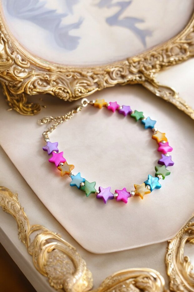 Star-Colored Mother-Of-Pearl Bracelet, Dorika Bracelet, Complete Steel-Colored Mother-Of-Pearl Star Anklet.
