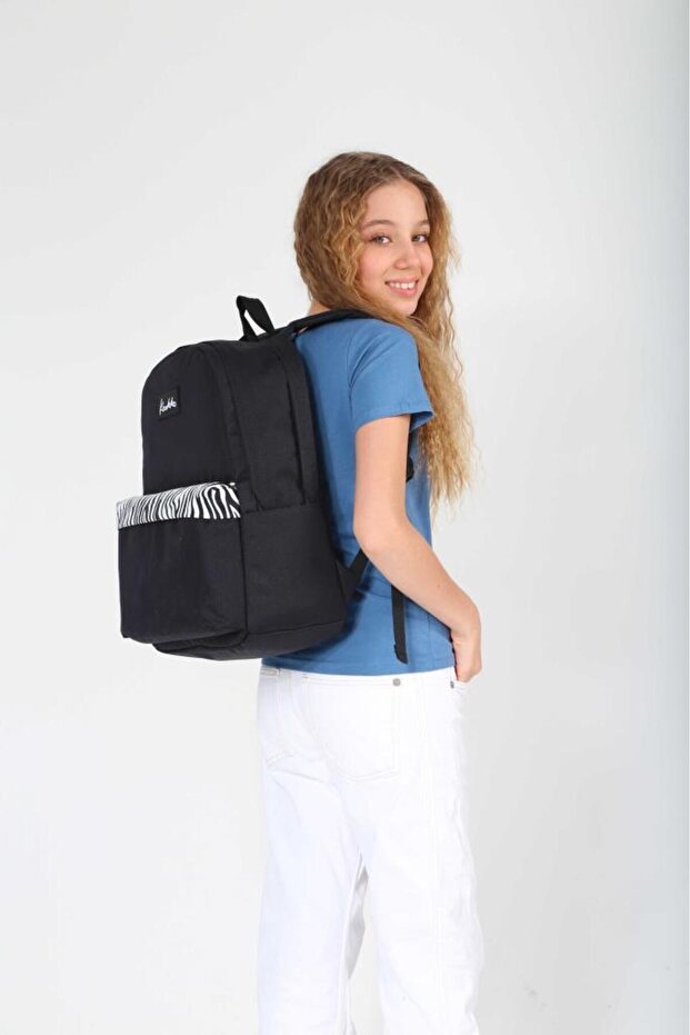 حقيبة ظهر مدرسية ذات ألوان أساسية منقوشة باللون الأسود - K1626 - 3