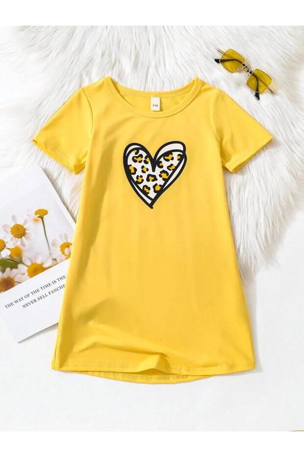 Girl's Heart Printed Yellow T-Shirt-Dress