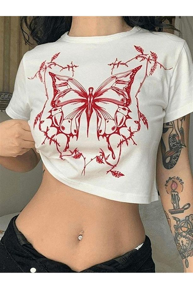 Dompuleri Moda Symmetrical Butterfly Baskılı Beyaz Crop - 1