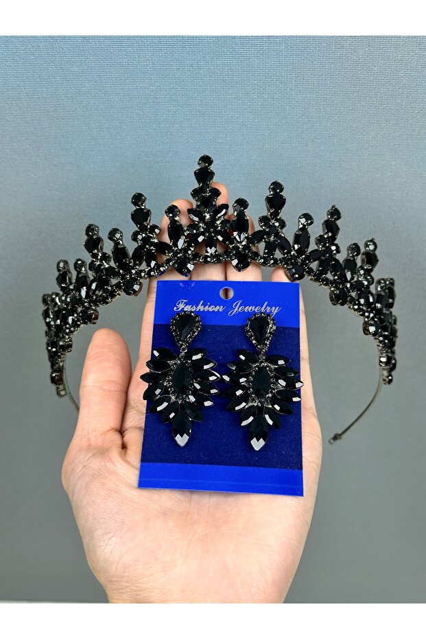 Crystal Embellished Bridal Tiara and Teardrop Earring Set, Black