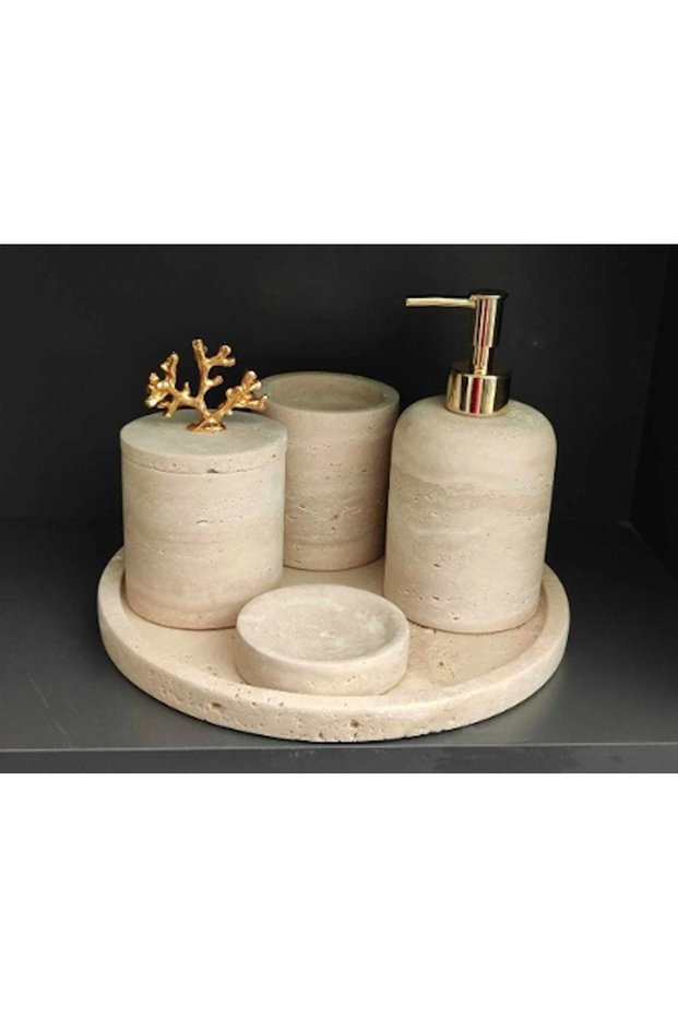 Decorative Travertine1 Marble Bathroom Set Set 5 Pieces Accessory Detailed Design Set