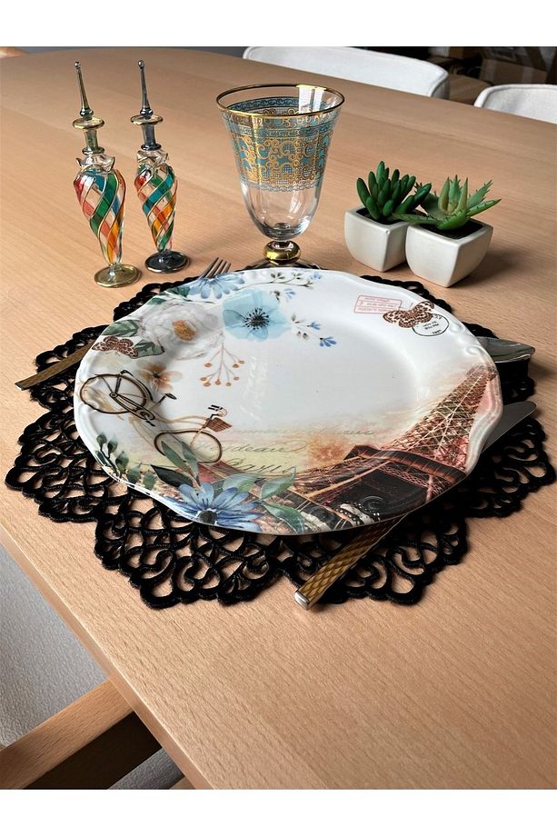 Siyah Kadife Kumaş Yuvarlak Supla Amerikan Servis Takımı 6'lı 35x35cm - 2