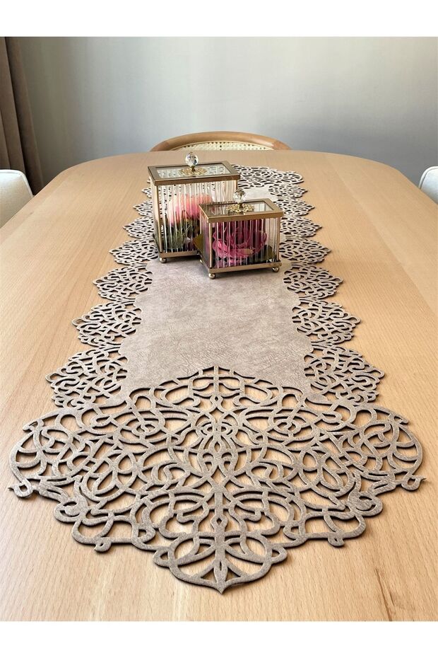 Dark Beige (Stone Color) Suede Fabric Runner 40X140 cm Table Size - Modern Design