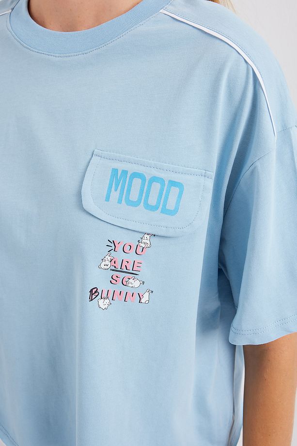 4321 Cep Detaylı Oversize Tshirt - Mavi - 5
