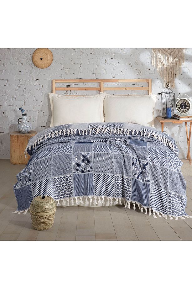 Soft Patchwork Çift Kişilik Yatak Örtüsü - Lacivert - 200x230 cm - 1