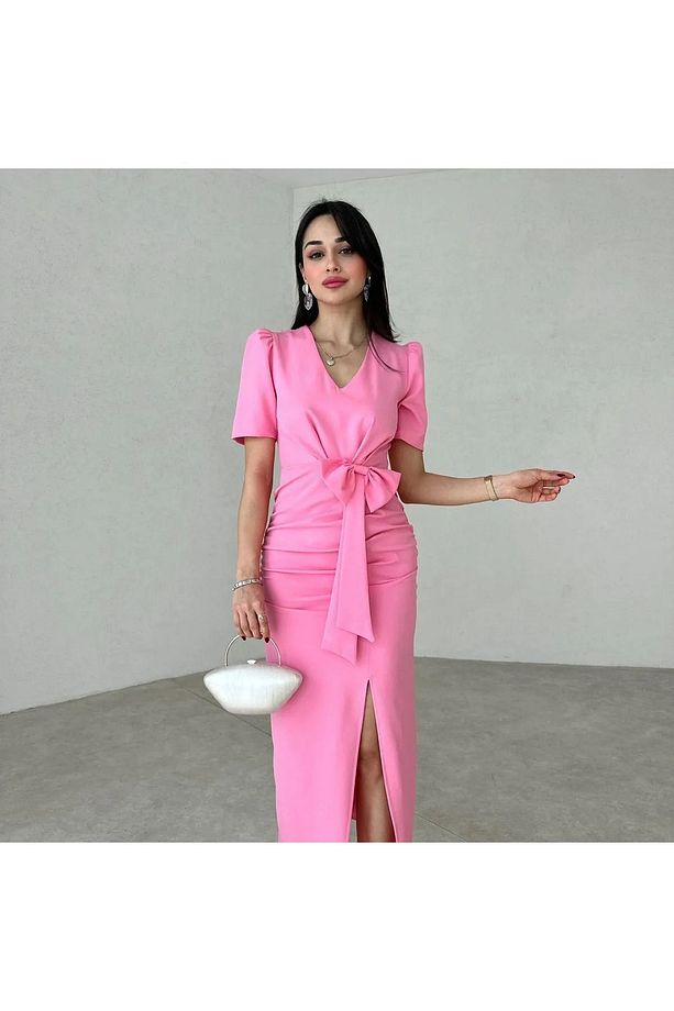 YIRTMAÇ DETAYLI MİDİ ELBİSE PEMBE - 1