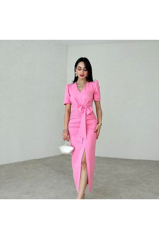 YIRTMAÇ DETAYLI MİDİ ELBİSE PEMBE - 2