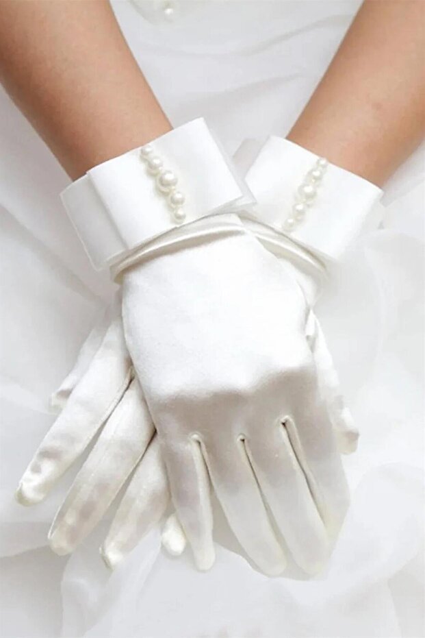 Beaded and Bowknotted Stretch Fabric Satin Bridal Gloves
